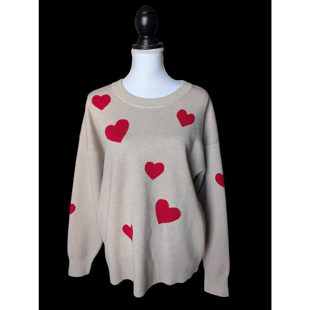 Tahari Love Hearts Beige Tan Crew Neck Sweater Size XL Long Sleeve Rayon